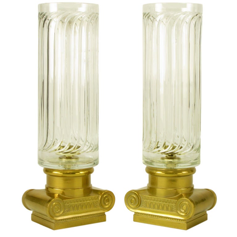 Pair Ionic Column Brass & Fluted Hurricane Shade Candle Holders