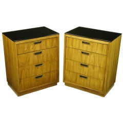 Pair Ash & Black Glass Four Drawer Commodes