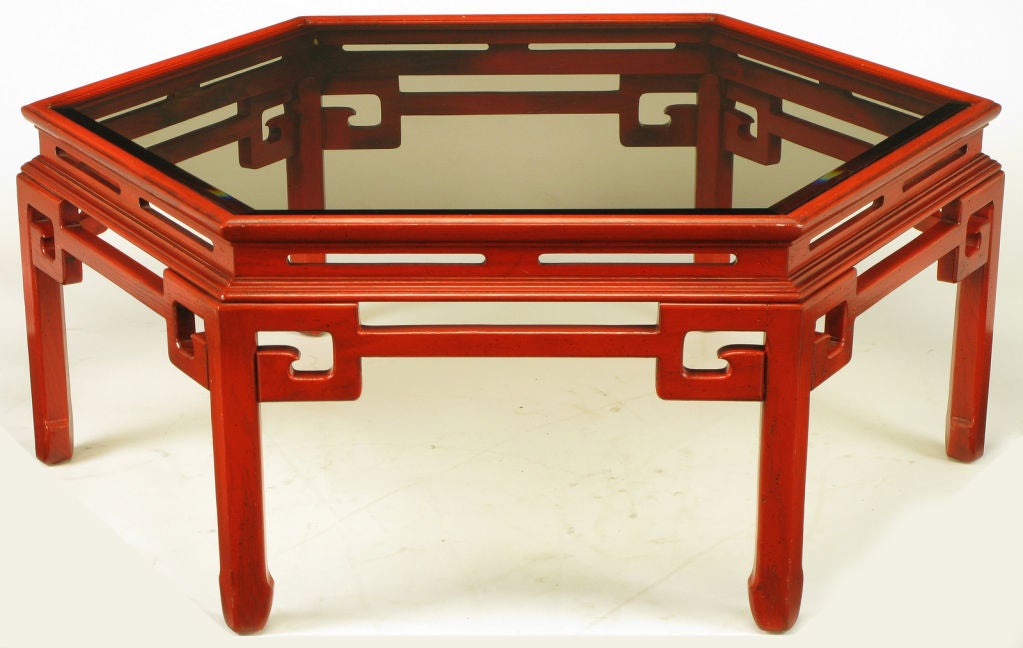 Mid-20th Century Hexagonal Cinnabar Lacquer Coffee Table With Greek Key Detail