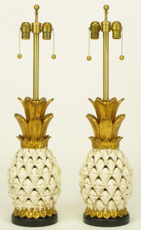 American Pair Parcel Gilt Reticulated Pottery Pineapple Table Lamps
