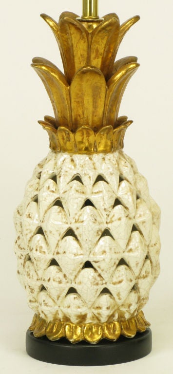 Mid-20th Century Pair Parcel Gilt Reticulated Pottery Pineapple Table Lamps