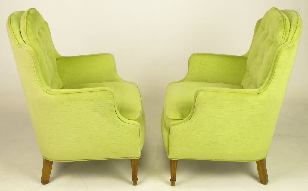 American Pair Chartreuse Velvet Button Tufted Regency Lounge Chairs