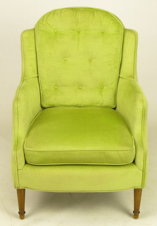 Mid-20th Century Pair Chartreuse Velvet Button Tufted Regency Lounge Chairs