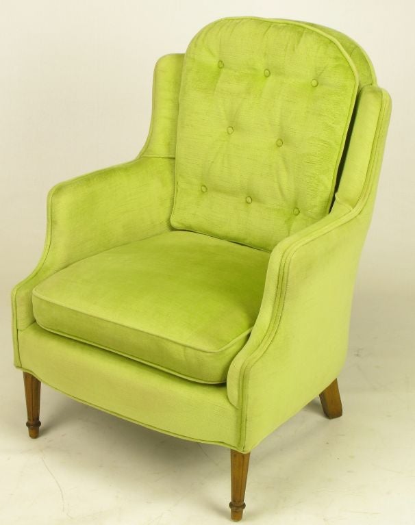 Wood Pair Chartreuse Velvet Button Tufted Regency Lounge Chairs