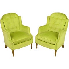 Pair Chartreuse Velvet Button Tufted Regency Lounge Chairs