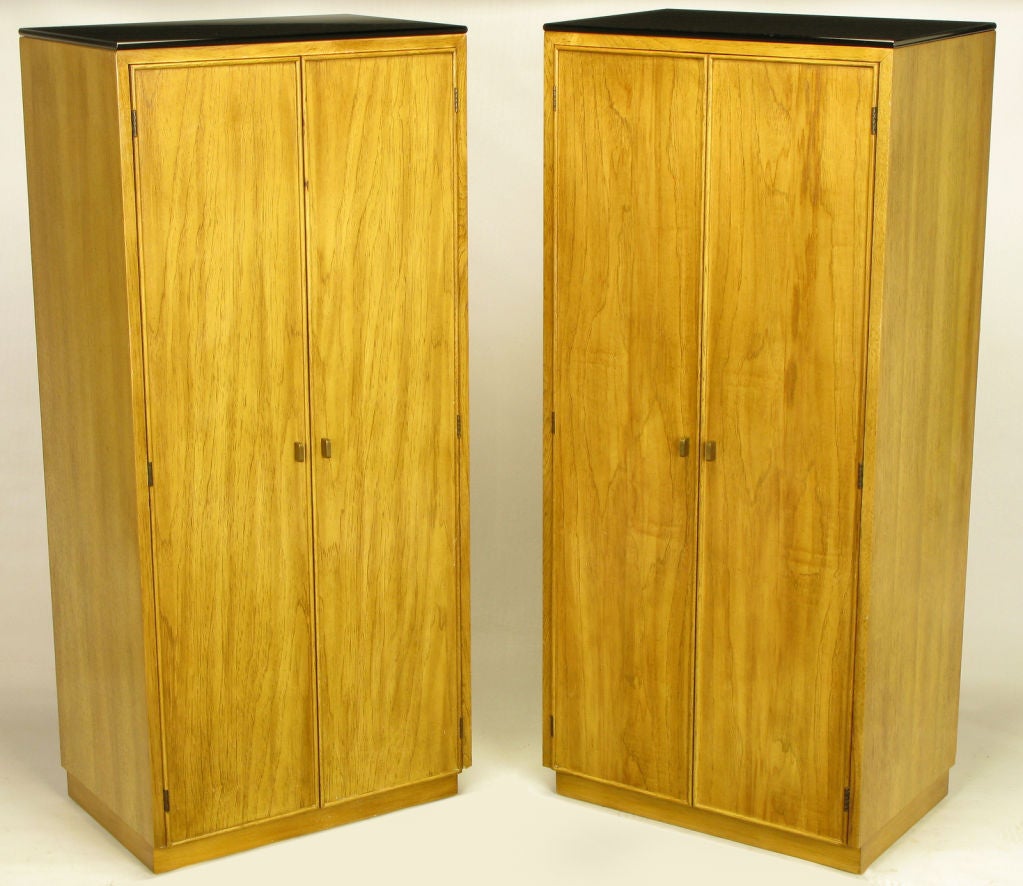 Pair Ash & Black Glass Narrow & Tall Cabinets