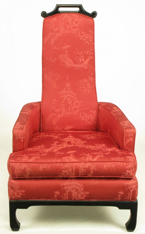 Rouge Print Silk & Black Lacquer High Back Chinese Lounge Chair
