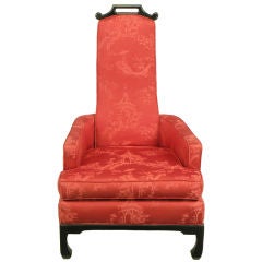 Rouge Print Silk & Black Lacquer High Back Chinese Lounge Chair