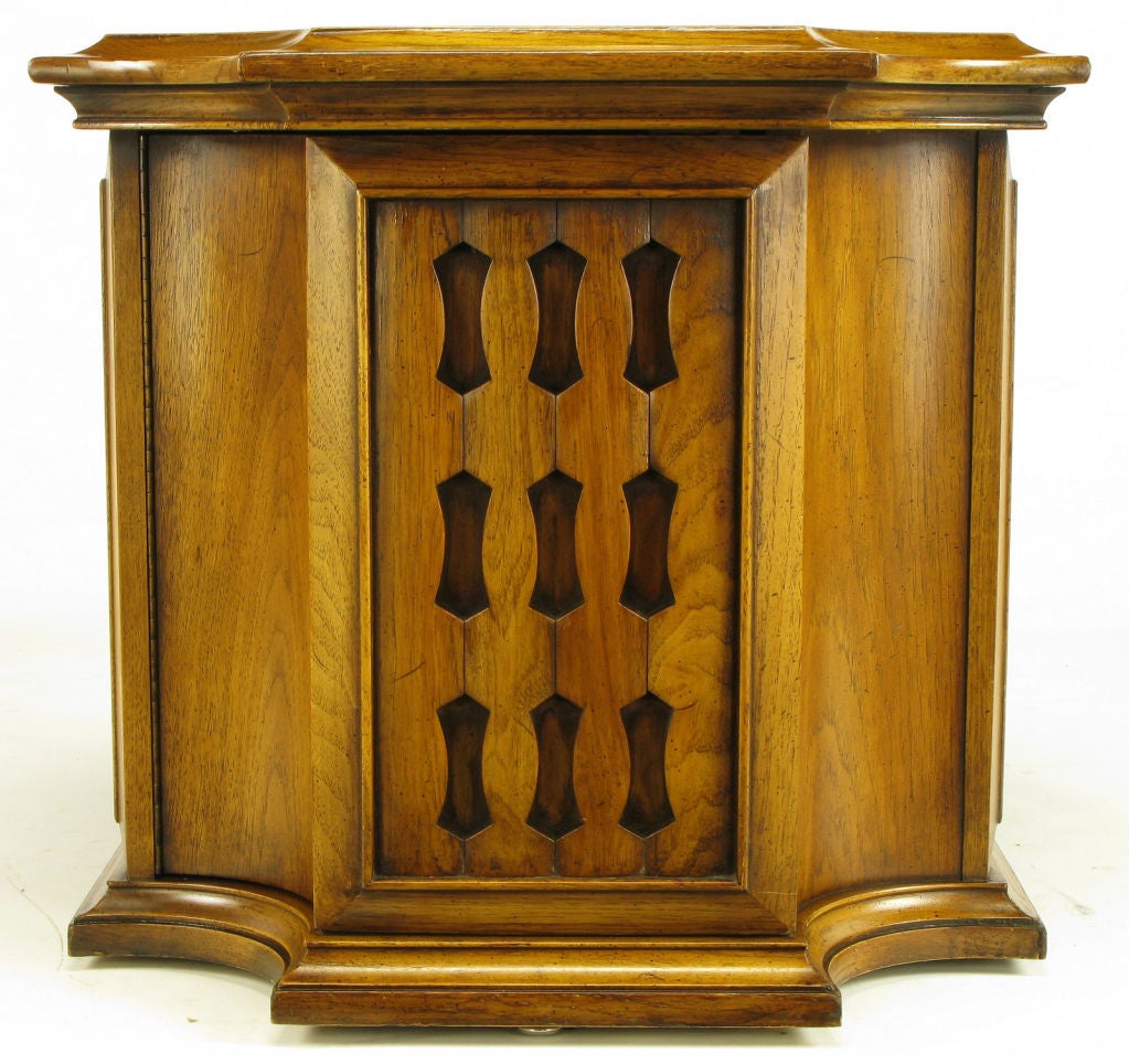 American Neo-Gothic Reverse Quatrefoil Figured Walnut End Table W/Cabinet For Sale