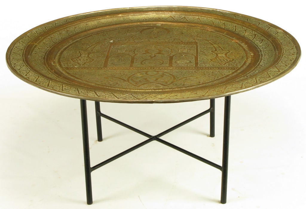 Mid-20th Century Moroccan Etched Brass Large Tray Table With Wrought Iron Base.