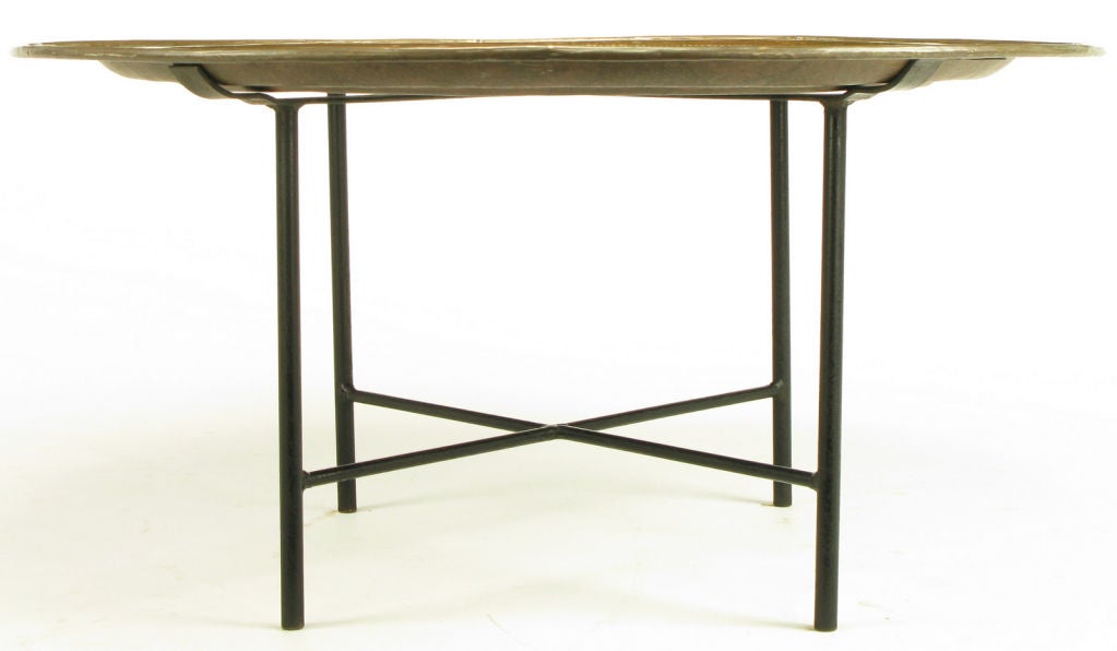 Moroccan Etched Brass Large Tray Table With Wrought Iron Base. 1