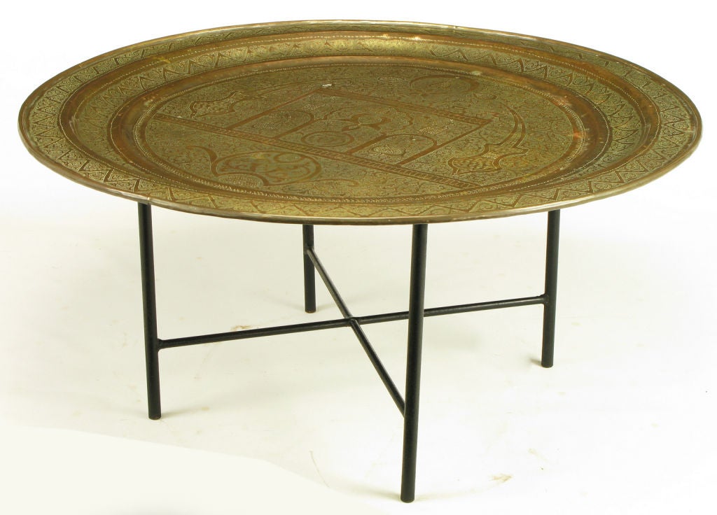 Moroccan Etched Brass Large Tray Table With Wrought Iron Base. 3