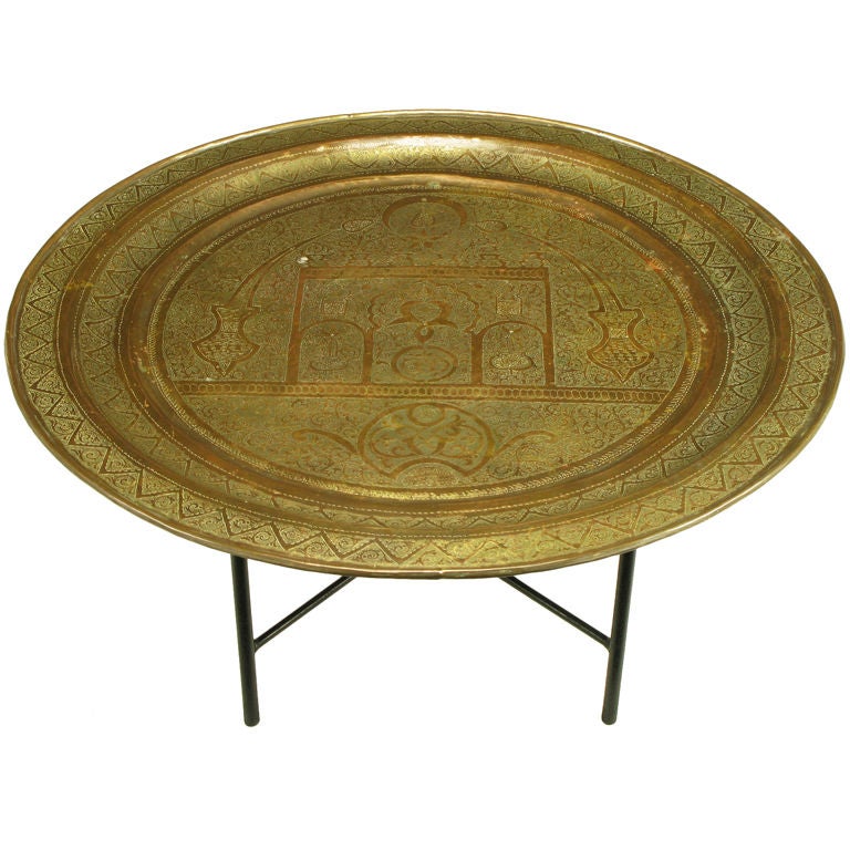 Moroccan Etched Brass Large Tray Table With Wrought Iron Base.
