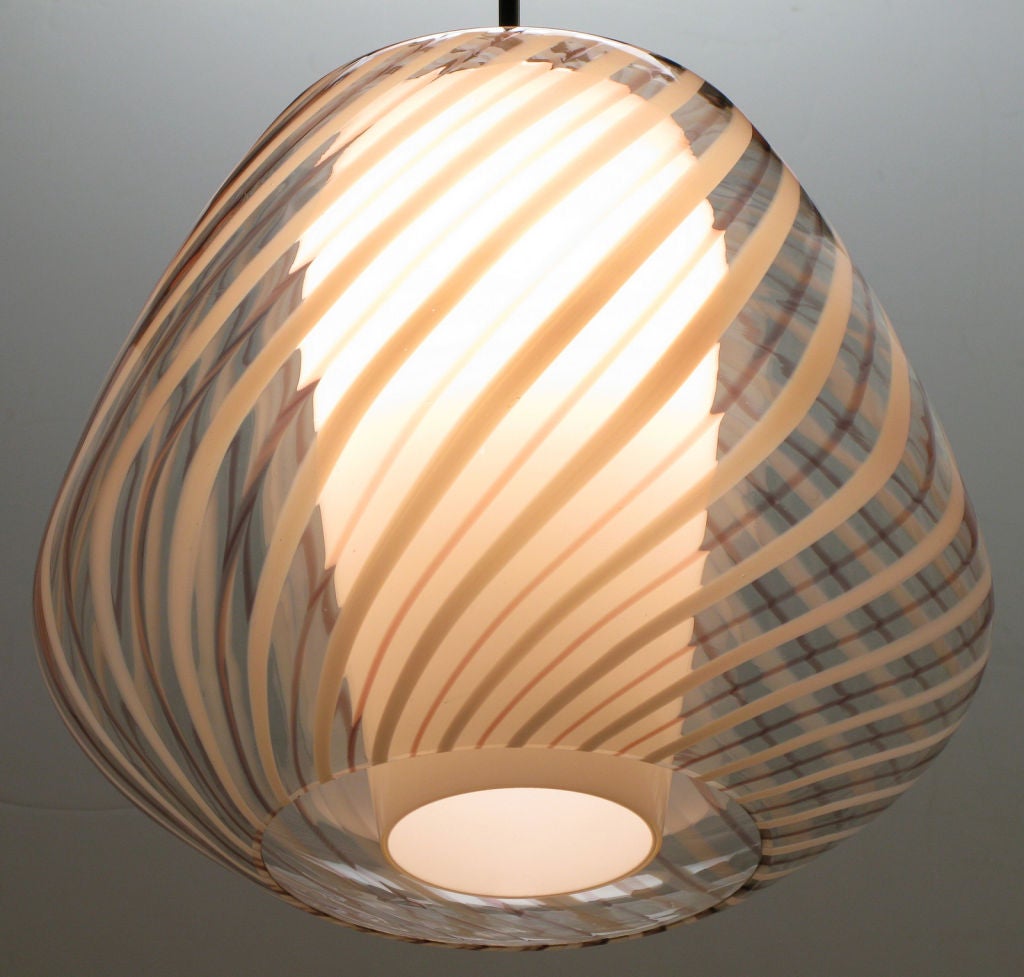 Large Lightolier Hand Blown Striped Glass Globe Pendant Light 4