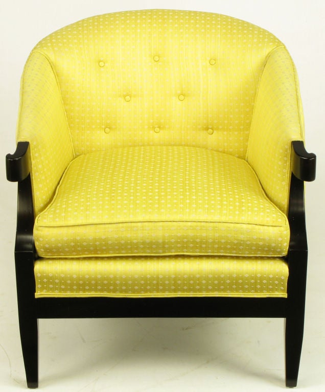 Mid-20th Century Pair Baker Saffron Embroidered Silk Club Chairs