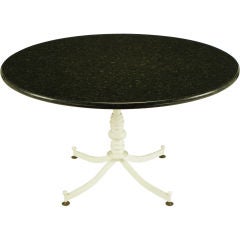 White Lacquered Cast Metal Dining Table With Round Black Granite