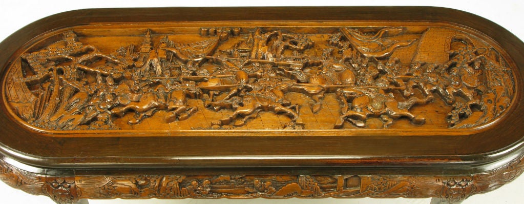 Hand Carved Battle Scene Chinese Oval Table With Six Stools 2