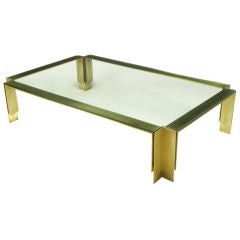6' Long Post Modern Brushed Brass & Glass Coffee Table