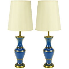 Pair Frederick Cooper Parcel Gilt Glass Royal Blue Table Lamps
