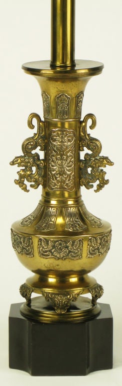 Mid-20th Century Pair Brass Chinese Footed Urn Table Lamp With Dragon Handles