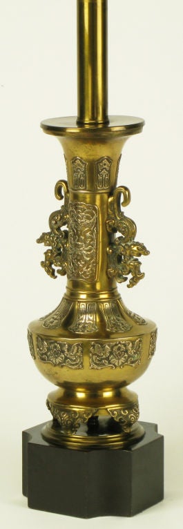 Pair Brass Chinese Footed Urn Table Lamp With Dragon Handles 1
