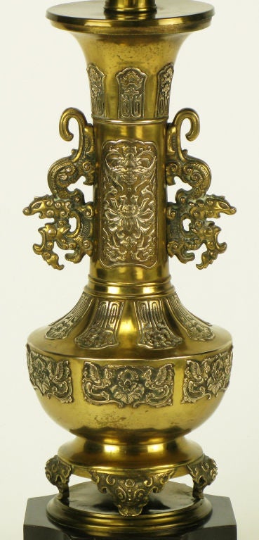 Pair Brass Chinese Footed Urn Table Lamp With Dragon Handles 2