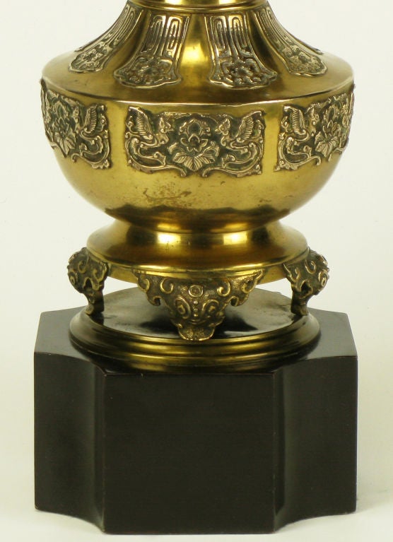 Pair Brass Chinese Footed Urn Table Lamp With Dragon Handles 4
