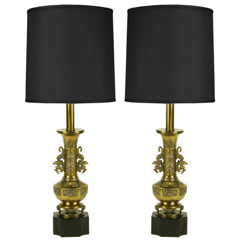 Pair Brass Chinese Footed Urn Table Lamp With Dragon Handles