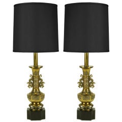 Pair Brass Chinese Footed Urn Table Lamp With Dragon Handles