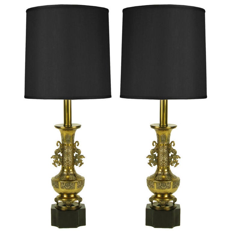 Pair Brass Chinese Footed Urn Table Lamp With Dragon Handles