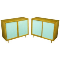Pair Harvey Probber Tiffany Blue Leather Front Cabinets