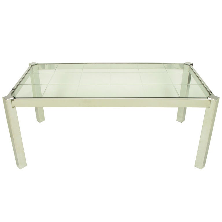 DIA Chrome and Etched Glass Canted Leg Dining Table at 1stDibs