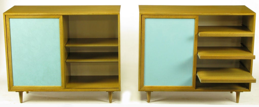 Mid-20th Century Pair Harvey Probber Tiffany Blue Leather Front Cabinets