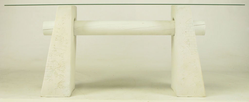 White matte lacquered tactile plaster angled side supports with a rough hewn white matte lacquered timber log center console table in the manner of John Dickinson and some later Michael Taylor designs. 1/2