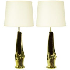 Pair Laurel Sculptural Polished & Pebbled Brass Table Lamps