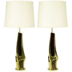 Pair Laurel Sculptural Polished 
Pebbled Brass Table Lamps