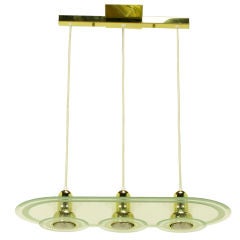 Vintage Postmodern Three Light Brass 
Etched Glass Pendant Light.