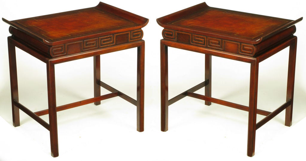 Pair Mahogany & Curved Leather Top Greek Key End Tables