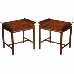 Pair Mahogany & Curved Leather Top Greek Key End Tables