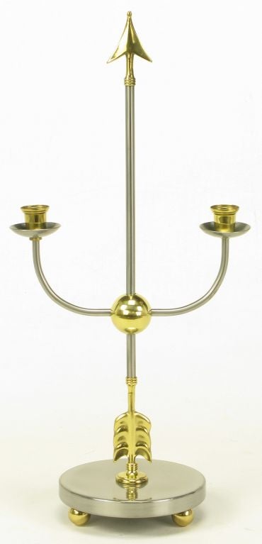 Mid-20th Century Pair Italian Empire Style Brushed Steel & Brass Candelabra For Sale