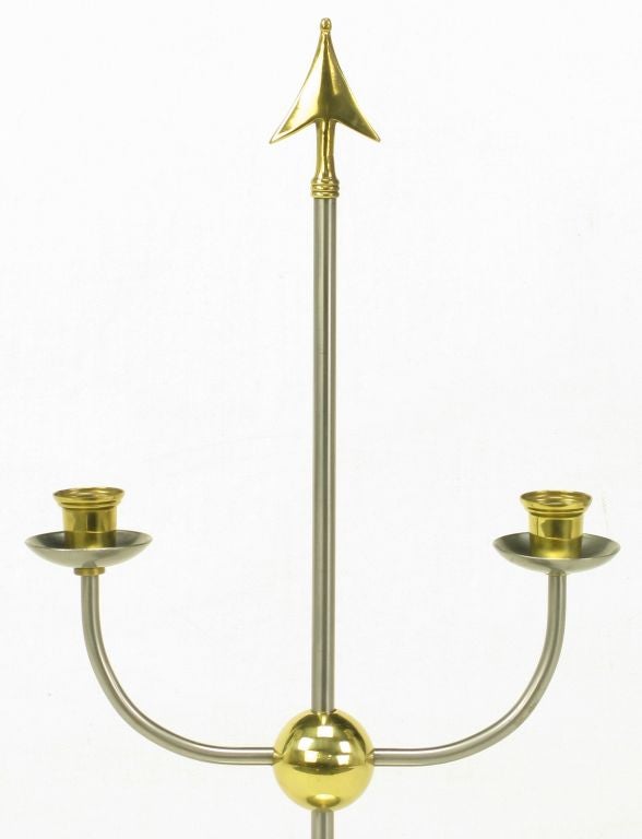 Pair Italian Empire Style Brushed Steel & Brass Candelabra For Sale 3