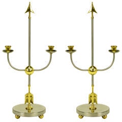 Pair Italian Empire Style Brushed Steel & Brass Candelabra 4