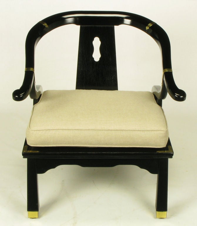 American Pair Black Lacquer & Linen Asian Style Lounge Chairs