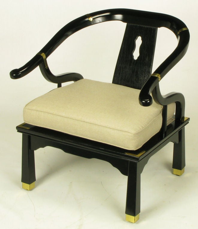 Mid-20th Century Pair Black Lacquer & Linen Asian Style Lounge Chairs