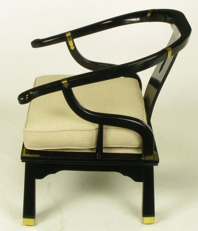 Wood Pair Black Lacquer & Linen Asian Style Lounge Chairs