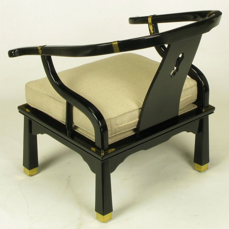 Pair Black Lacquer & Linen Asian Style Lounge Chairs 1