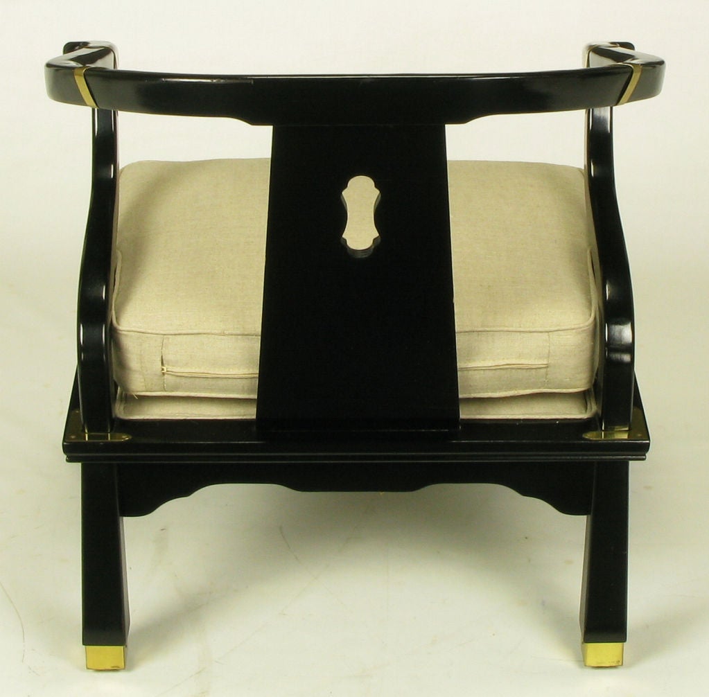 Pair Black Lacquer & Linen Asian Style Lounge Chairs 2