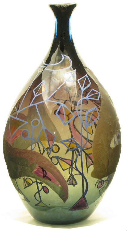 Italian Acid Etched & Hand Painted Abstract Smoked Glass Vase 1