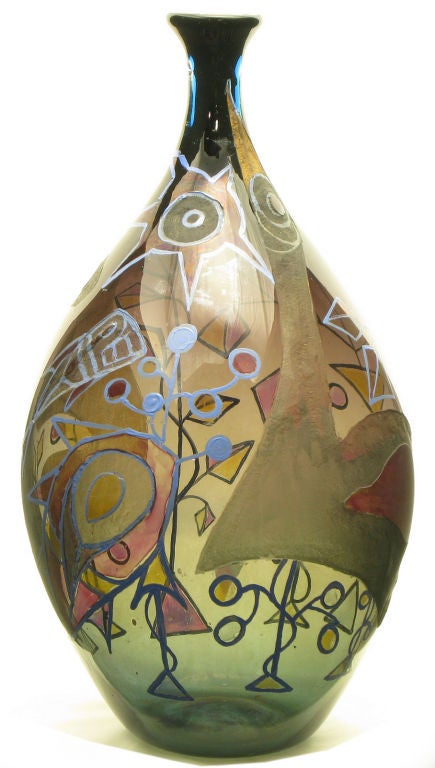Italian Acid Etched & Hand Painted Abstract Smoked Glass Vase 4