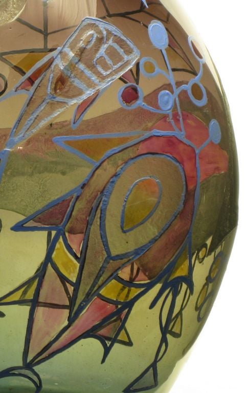 Italian Acid Etched & Hand Painted Abstract Smoked Glass Vase 5